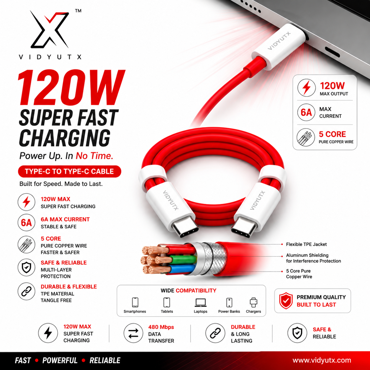 VidyutX C to C 120W Fast Charging Cable