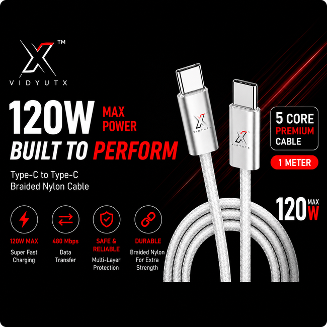 VidyutX Bullet 120W C to C Braided Fast Charging Cable Hover Image