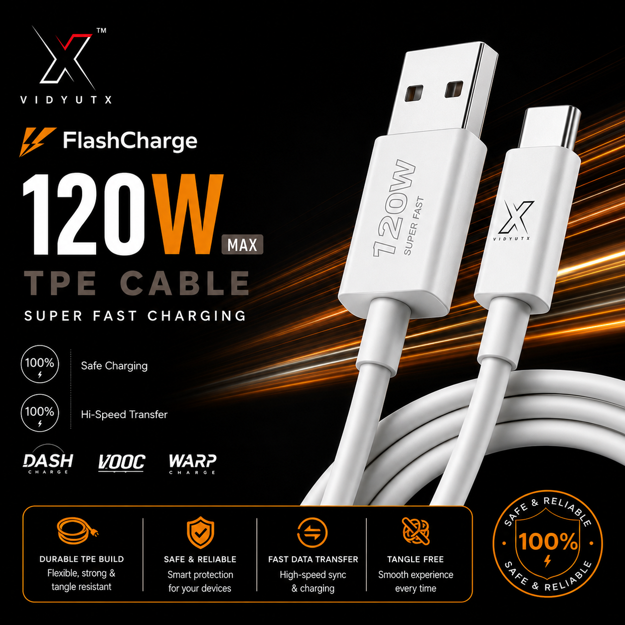 VidyutX Flash 120W USB to C Fast Charging Cable